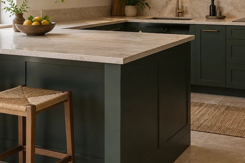 Visualización conceptual IA de cocina: Reformas de Iván Cortés. Detalle de materiales y distribución.